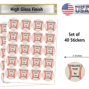 40 Thank You Baseball Labels, 2 Inch Big Round Glossy Stickers, Great Stickers for Birthday Party, Baby Shower, Wedding, Graduation, or Any Family Event Decorations, Made in USA