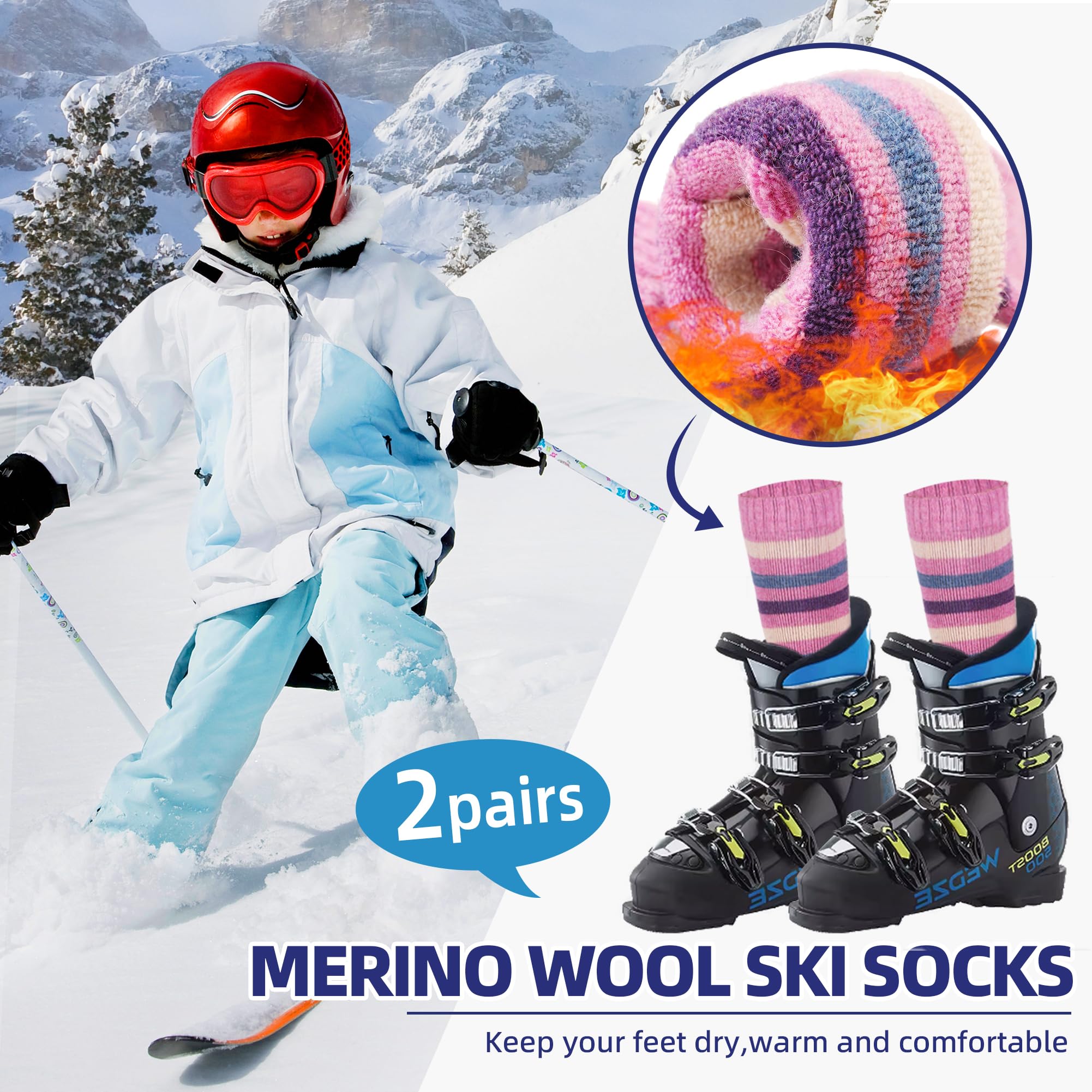 Kids Ski Socks Merino Wool Winter Warm Thermal Hiking Snowboarding Knee High Heavy Boot Socks for Toddler Boys Girls 2 Pairs(Stripe-01, 4-7 Years)