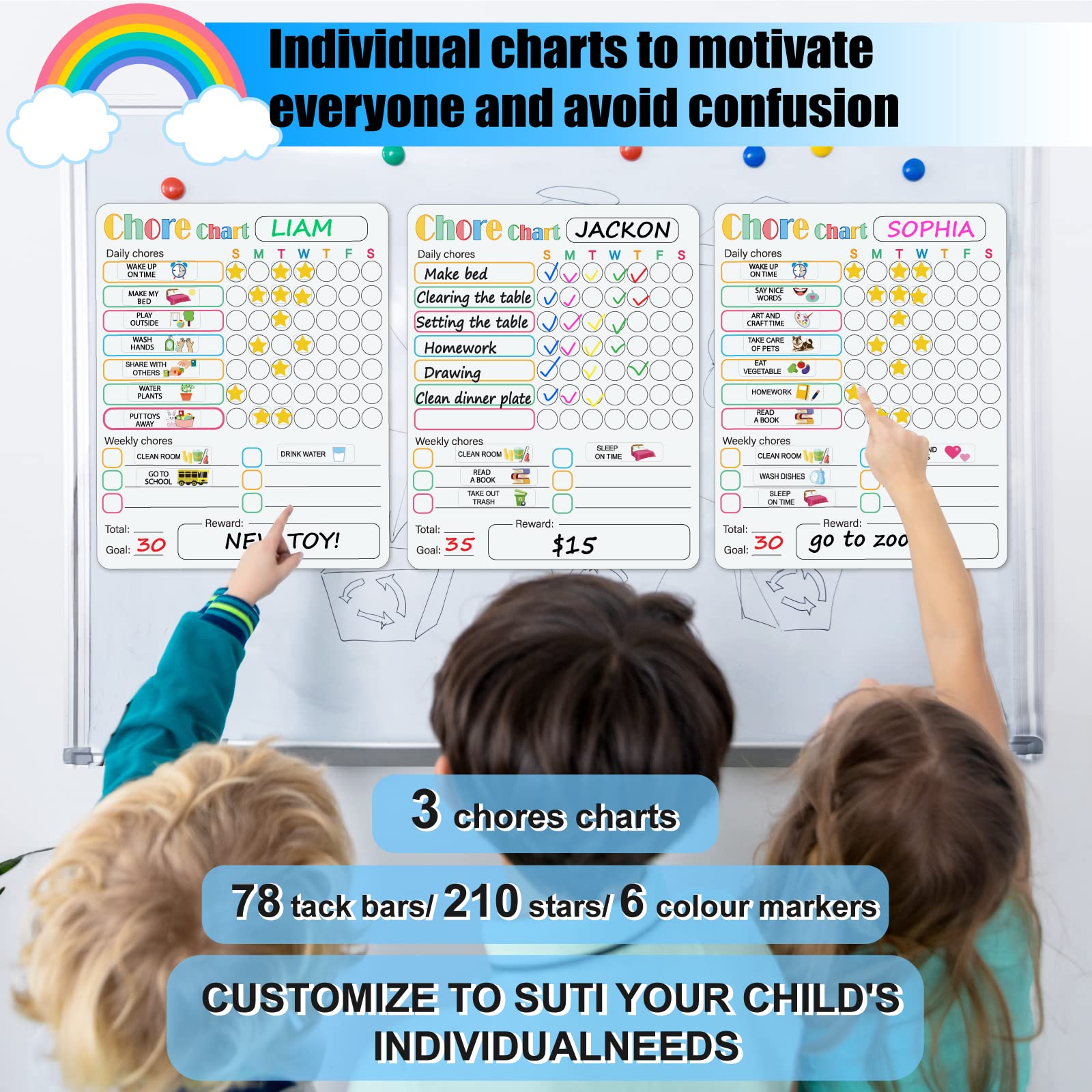 3Pcs Magnetic Chore Chart for Multiple Kids & Adults,Reward Chart Good Behavior Chart for Kids,Dry Erase Responsibility Charts for Toddlers, with Tasks & 6 Markers for Fridge School Home Supplies