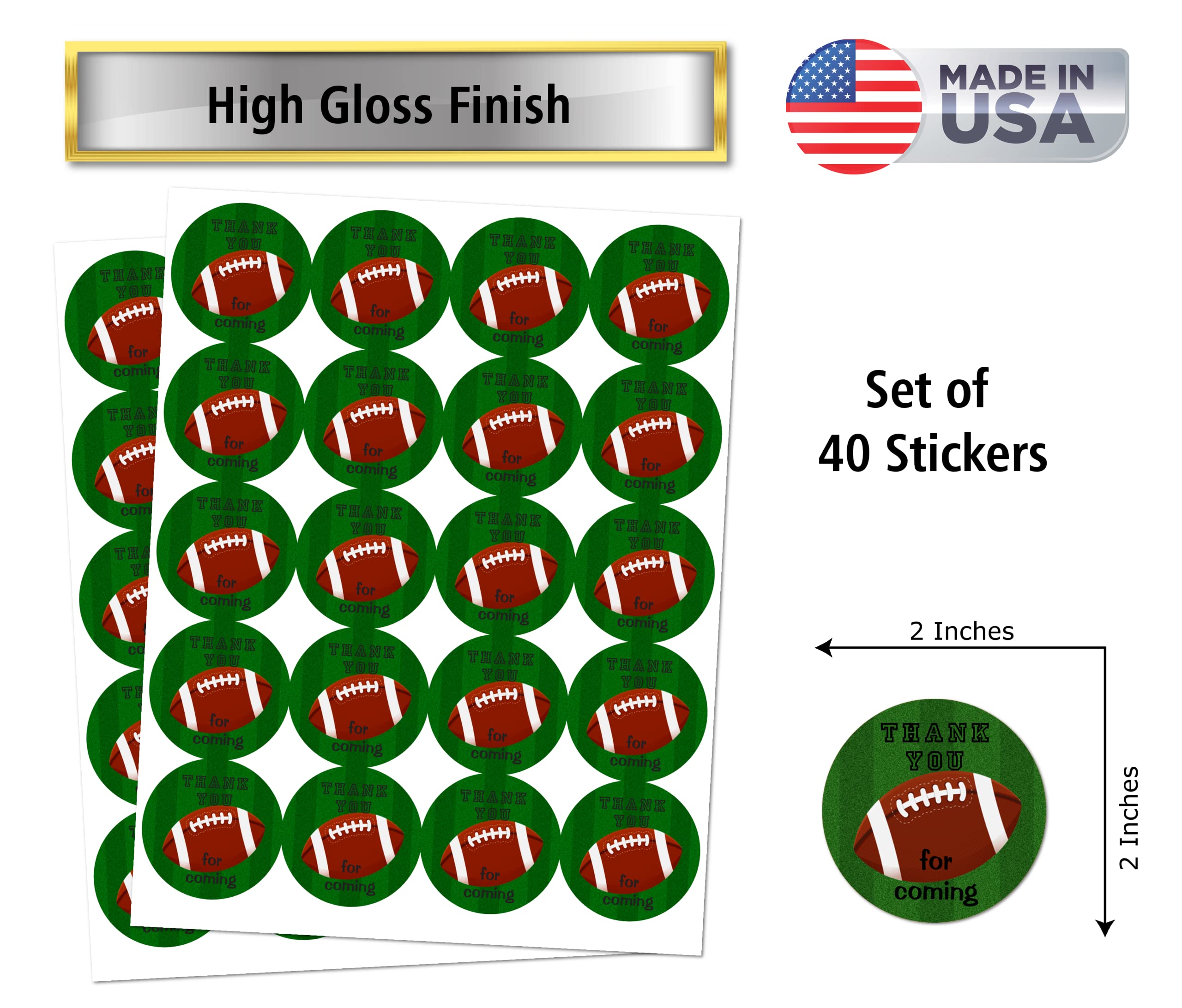 40 Thank You Football Labels, 2 Inch Big Round Glossy Stickers, Great Stickers for Birthday Party, Baby Shower, Wedding, Graduation, or Any Family Event Decorations, Made in USA