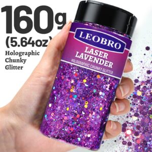 LEOBRO Purple Glitter, 160G/5.64OZ Glitter, Holographic Chunky Glitter, Craft Glitter for Resin, Metallic Iridescent Chunky Fine Glitter Sequin Flake Bulk, Glitter for Makeup Body, Tumblers Glitter