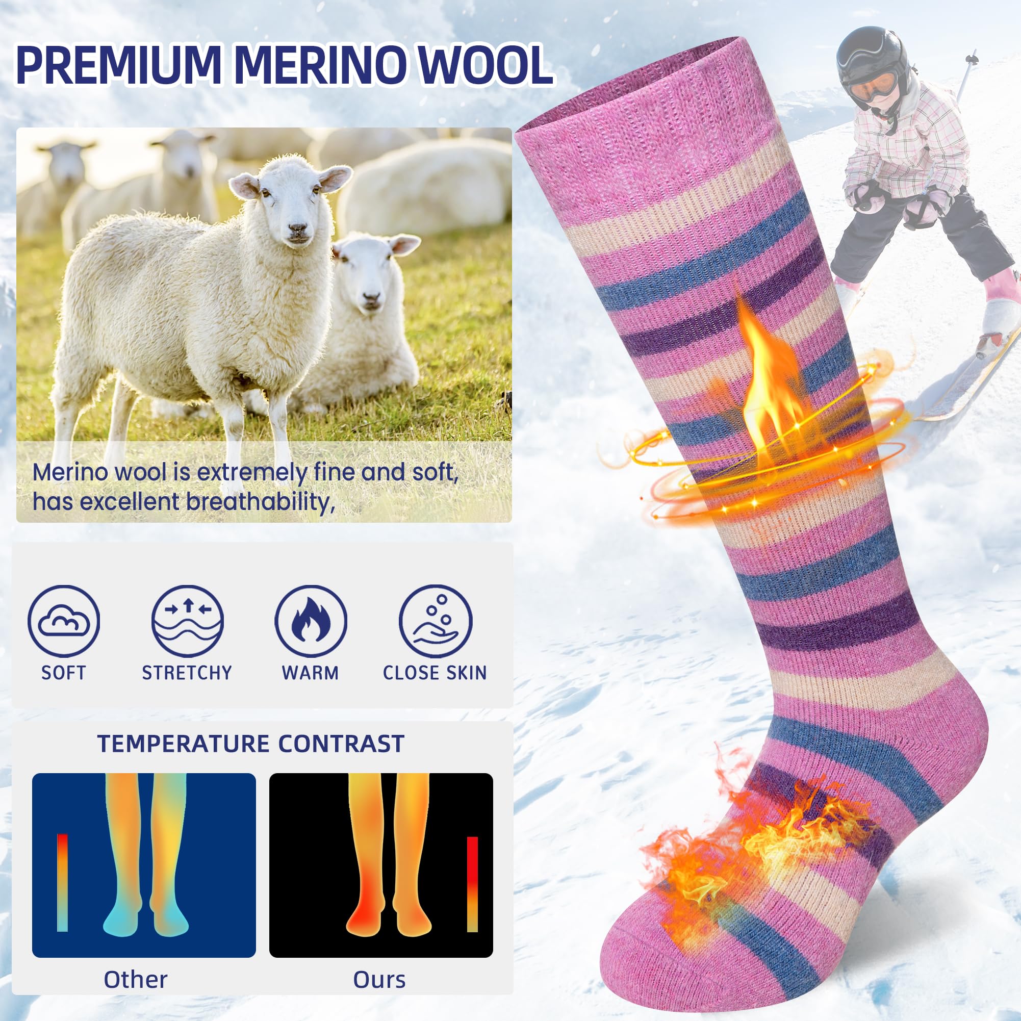 Kids Ski Socks Merino Wool Winter Warm Thermal Hiking Snowboarding Knee High Heavy Boot Socks for Toddler Boys Girls 2 Pairs(Stripe-01, 4-7 Years)