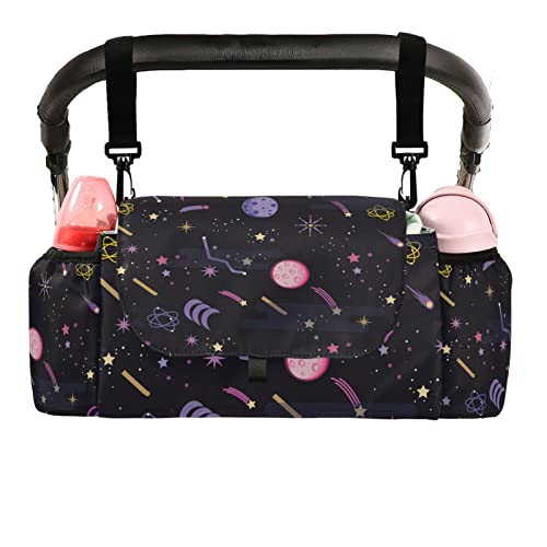 Space Star Planets Stroller Organizer with Cup Holder Universal Stroller Organizer Bag Detachable Shoulder Strap Stroller Accessories for Diaper Toys Phone Keys Fit All Baby Stroller