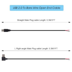 4pcs USB 2.0 to Bare Wire Open End Cable 12inch 5V 2.1A 2 cores Power Pigtail Repair Tin on The Tail Cable Cord DIY Black, 1 feet,2 Packs Straight Male Plug&2Packs L Right Angle Male Plug Included