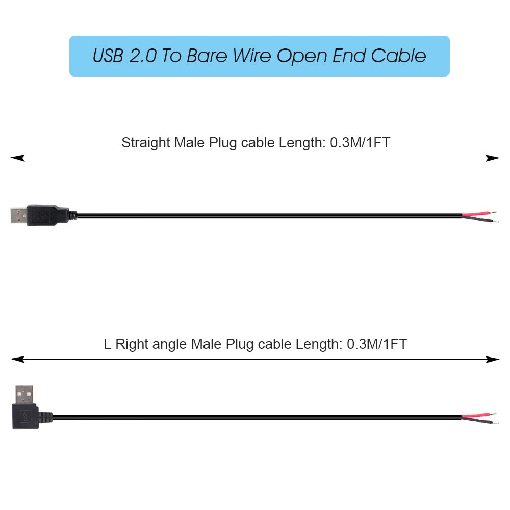 4pcs USB 2.0 to Bare Wire Open End Cable 12inch 5V 2.1A 2 cores Power Pigtail Repair Tin on The Tail Cable Cord DIY Black, 1 feet,2 Packs Straight Male Plug&2Packs L Right Angle Male Plug Included