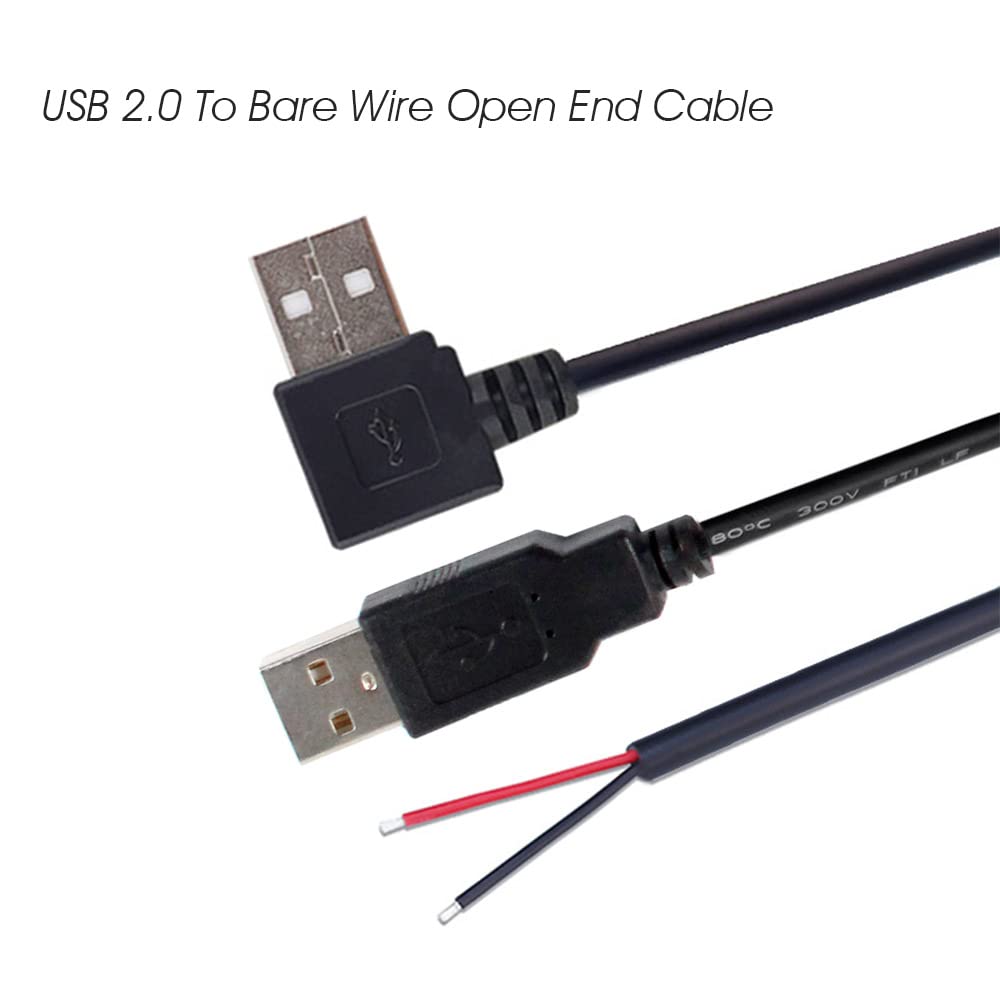 4pcs USB 2.0 to Bare Wire Open End Cable 12inch 5V 2.1A 2 cores Power Pigtail Repair Tin on The Tail Cable Cord DIY Black, 1 feet,2 Packs Straight Male Plug&2Packs L Right Angle Male Plug Included