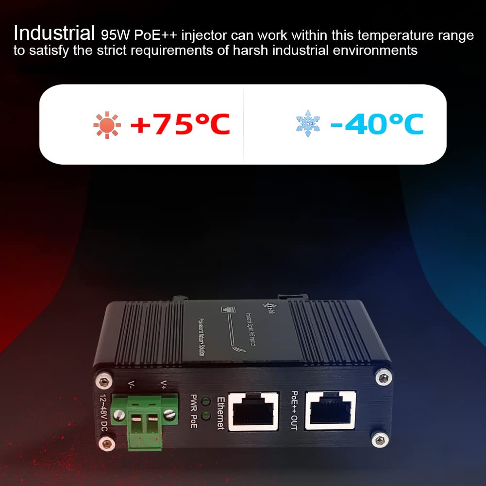 PoE Injector - SaiLteL 95W Industrial Gigabit PoE++ Injector, IEEE 802.3at/802.3af Compliant, ,POE Adapter with 12-48V DC Input,Hardened High Power PoE Injector IP40, DIN Rail, Wall Mount