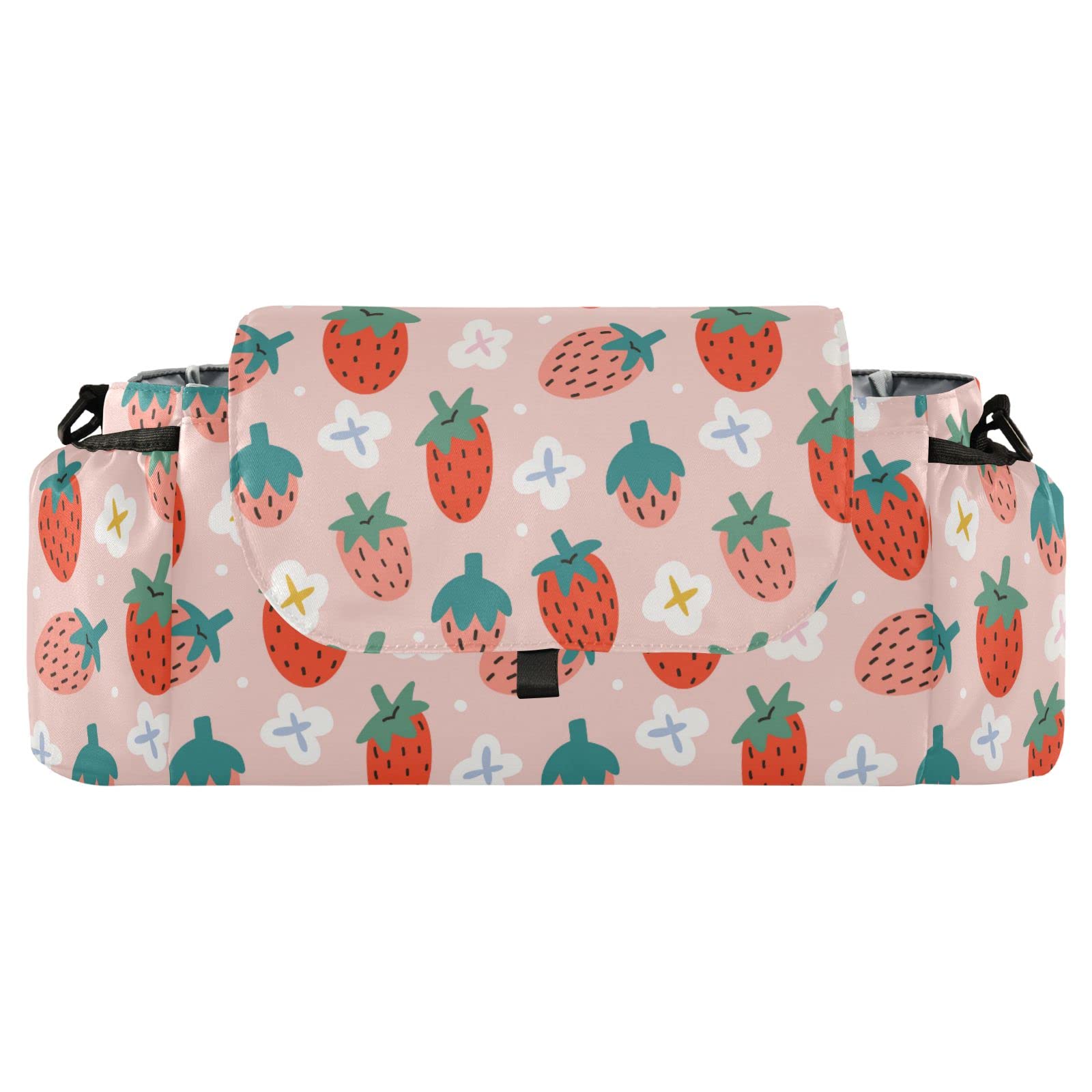 Pink Strawberries Flowers Stroller Organizer with Cup Holder Universal Stroller Organizer Bag Detachable Shoulder Strap Stroller Accessories for Diaper Snacks Toys Keys Fit All Baby Stroller