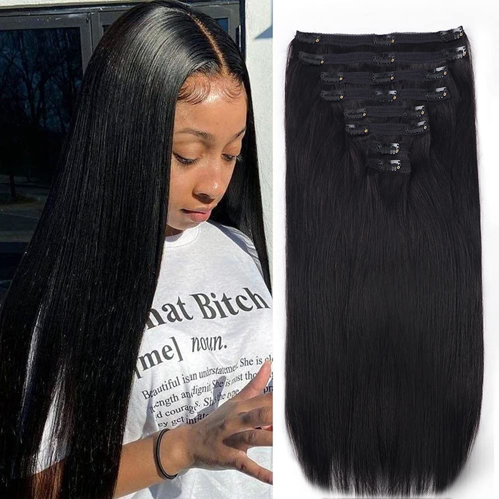 26Inch Clip in Hair Extensions Real Human Hair Straight 8Pcs Remy Hair Extensions Clip in Human Hair with 18Clips Double Lace Weft 120g Natural Black