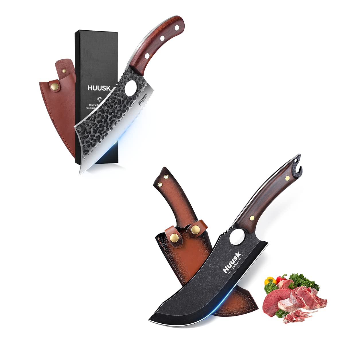 Huusk Meat Cleaver, Black Meat Cleaver Bundle with Outdoor Cooking Knife with Sheath Camping Knives BBQ Knife set