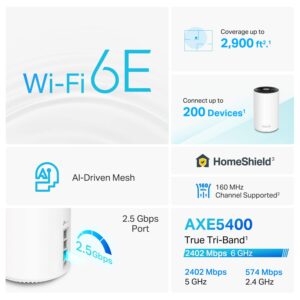 TP-Link Deco AXE5400 Tri-Band WiFi 6E Mesh Router(Deco XE75 Pro) - 2.5G WAN/LAN Port, 2 x Gigabit LAN Ports, Covers up to 2900 Sq.Ft, Replaces WiFi Router and Extender, AI-Driven Mesh, New 6GHz Band