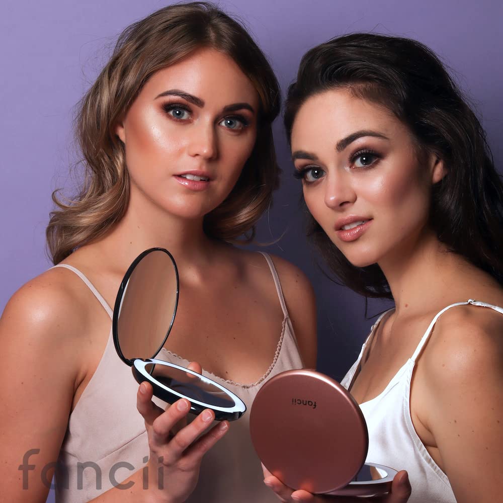 Fancii LED Lighted Travel Makeup Mirror, Rechargeable with 10x/1x Magnifying & 3 Light Settings - Compact, Portable, Large 5” Wide Hand Mirror for Handbag and Purses (Black)