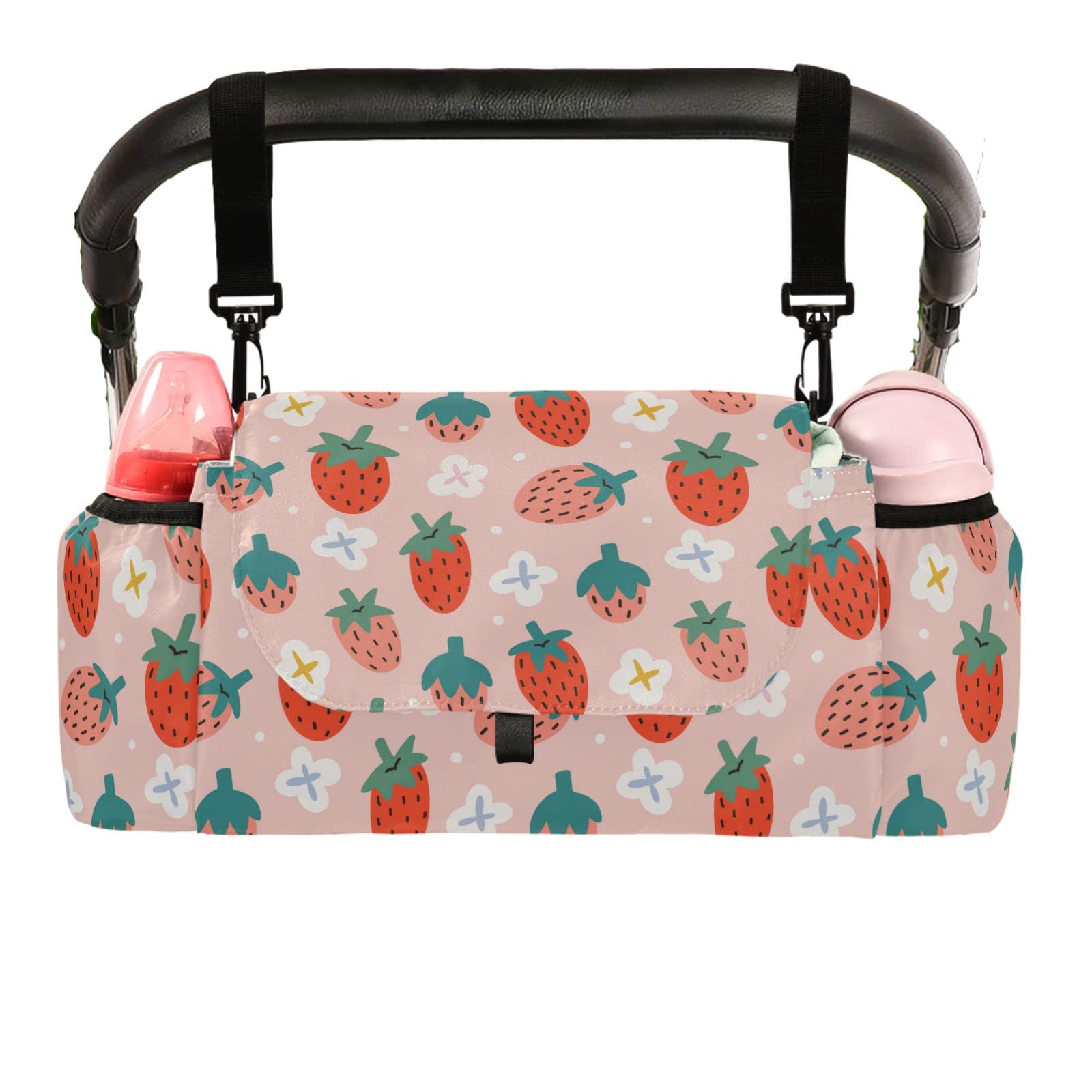 Pink Strawberries Flowers Stroller Organizer with Cup Holder Universal Stroller Organizer Bag Detachable Shoulder Strap Stroller Accessories for Diaper Snacks Toys Keys Fit All Baby Stroller