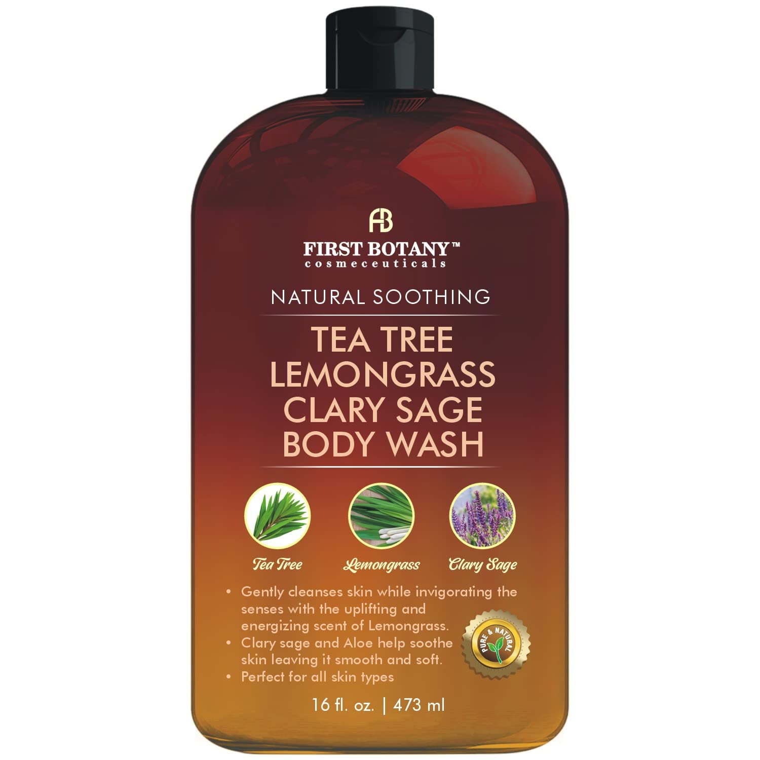 First Botany, ALL Natural Body Wash, Fights Body Odor, Athlete's Foot, Jock Itch, Dandruff, Acne, Eczema, Shower Gel for Women & Men, Skin Cleanser -16 fl oz (Tea Tree, Lemon Grass, Clary Sage)