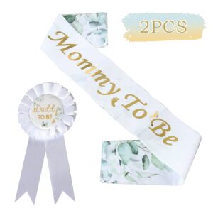 PATICARRY NEW HAPPYLAND - Neutral Maternity Sash & Daddy to Be Tinplate Badge Pin - Gender Reveal Party Neutral Sage Green - Sash Leaves Greenery Mom to be & New Dad Baby