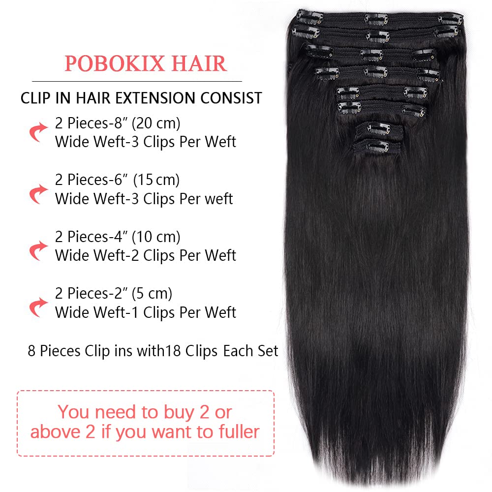 26Inch Clip in Hair Extensions Real Human Hair Straight 8Pcs Remy Hair Extensions Clip in Human Hair with 18Clips Double Lace Weft 120g Natural Black