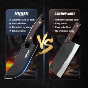 Huusk Meat Cleaver, Black Meat Cleaver Bundle with Outdoor Cooking Knife with Sheath Camping Knives BBQ Knife set