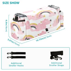 Sinestour Rainbows Clouds Star Stroller Organizer with Cup Holder Universal Stroller Organizer Bag Detachable Shoulder Strap Stroller Accessories for Diaper Keys Phone Toys Fit All Baby Stroller