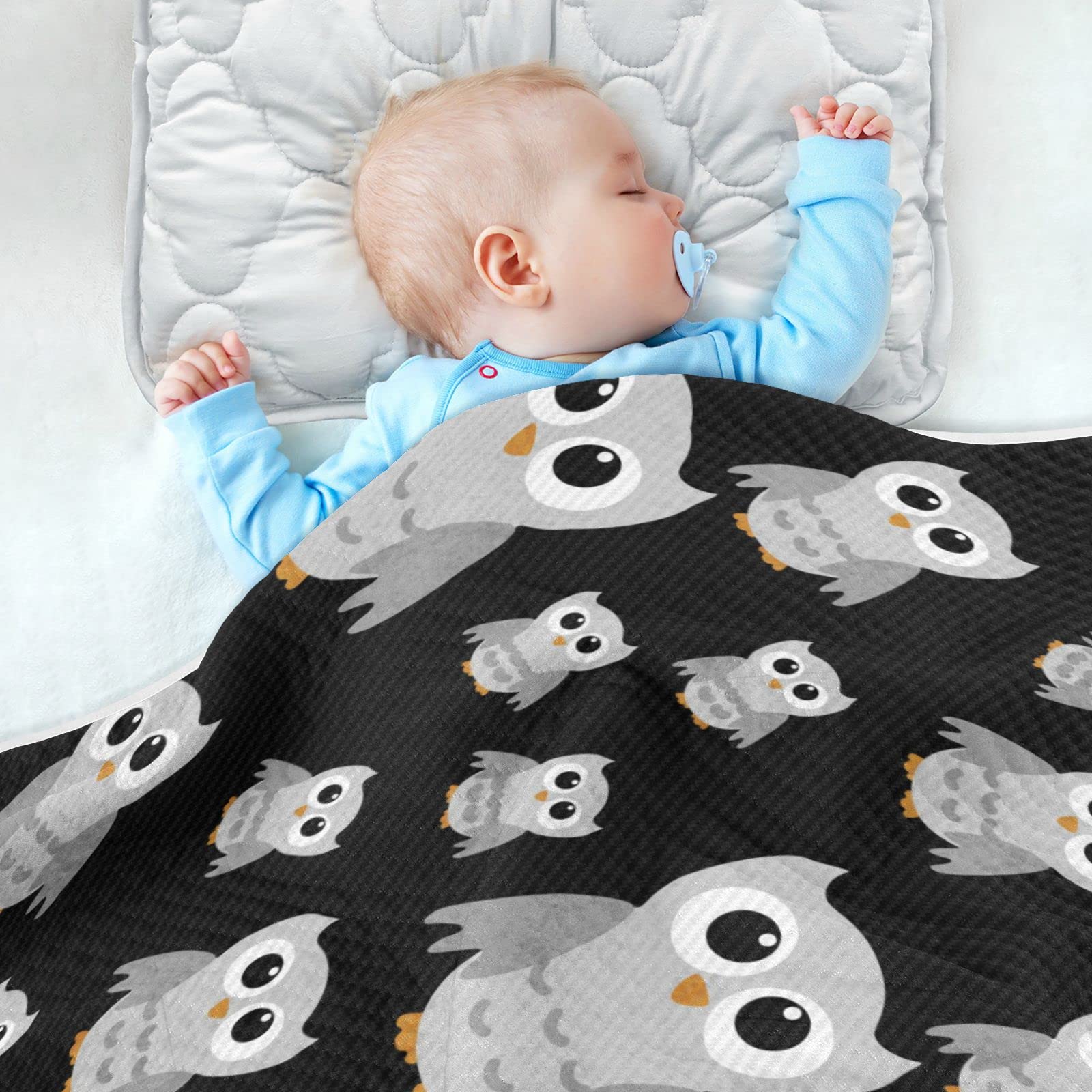 DOMIKING Gray Owls Black Personalized Baby Blankets with Name for Boys Girls Sleep Customized Throw Blanket with Cotton Quilted Crib Blanket for Baby Children Teen Boys, Unisex Newborn