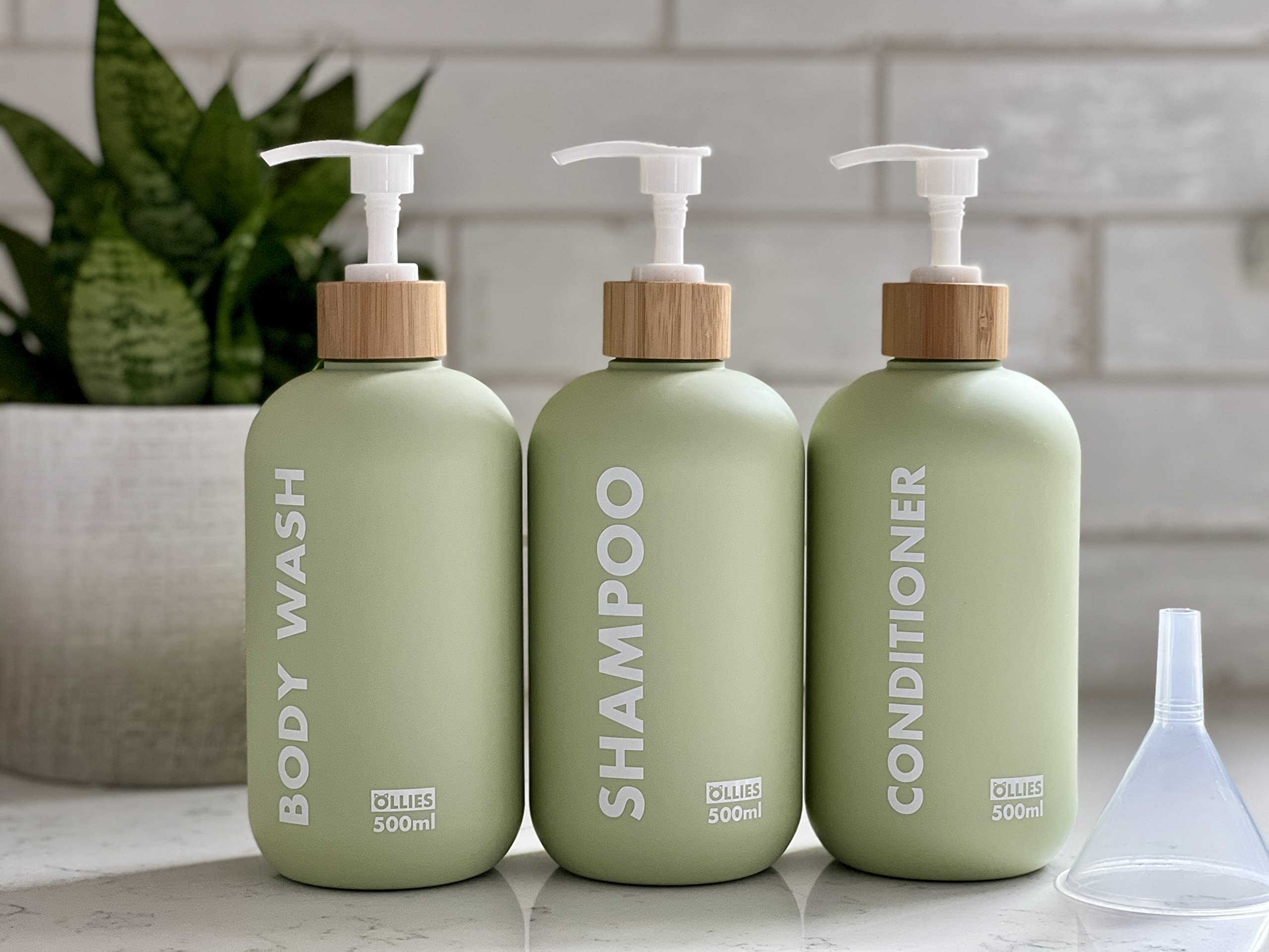 OLLIES Shampoo and Conditioner Dispenser, Shower Soap Dispenser for Bathroom-Set of 3 with Permanent Stylish Label-17oz, 500ml Refillable Shampoo and Conditioner Bottles Green