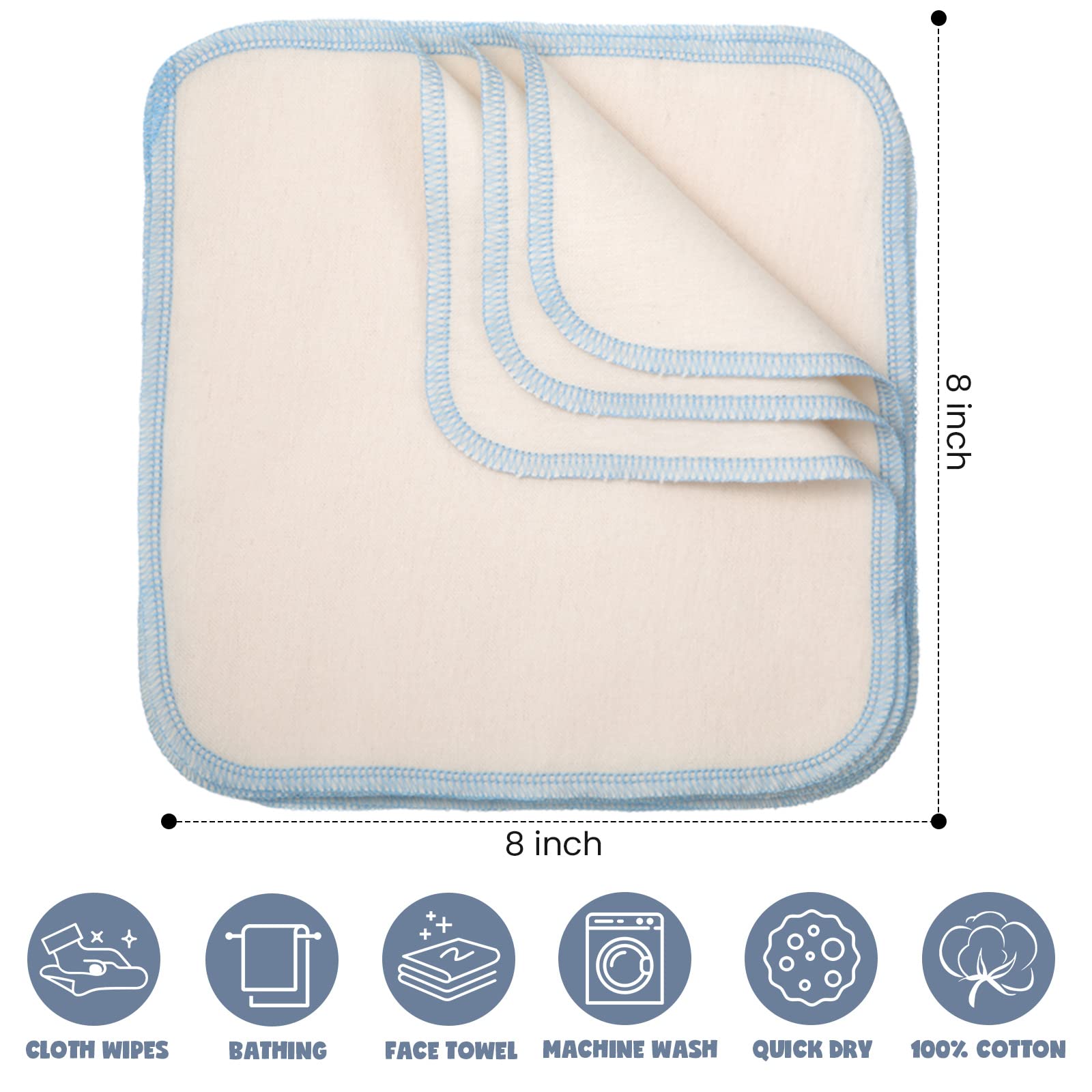 Mimorou 45 Pcs Flannel Cloth Baby Wipes Reusable Baby Diapers Wipes Washable Natural Unbleached Baby Face Wipes Soft and Sturdy Cloth Wipes 5 Colors Outer Stitching 8 x 8 Inches, 1.0 Count