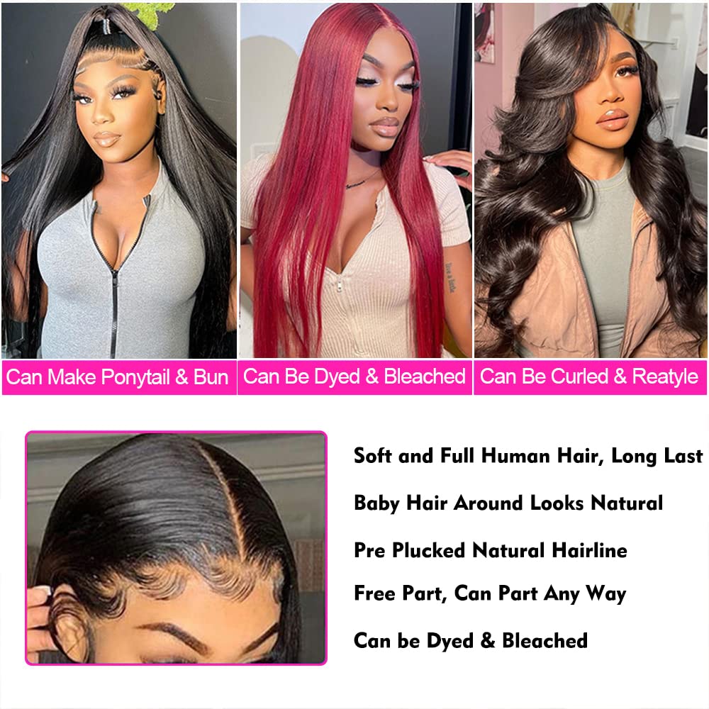 serwell 13x4 HD Lace Front Wigs Human Hair Pre Plucked 26 Inch Straight Lace Front Wigs For Women Human Hair 180% Density Glueless Transparent Straight Frontal Wigs Human Hair Bleached Knots