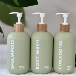 OLLIES Shampoo and Conditioner Dispenser, Shower Soap Dispenser for Bathroom-Set of 3 with Permanent Stylish Label-17oz, 500ml Refillable Shampoo and Conditioner Bottles Green