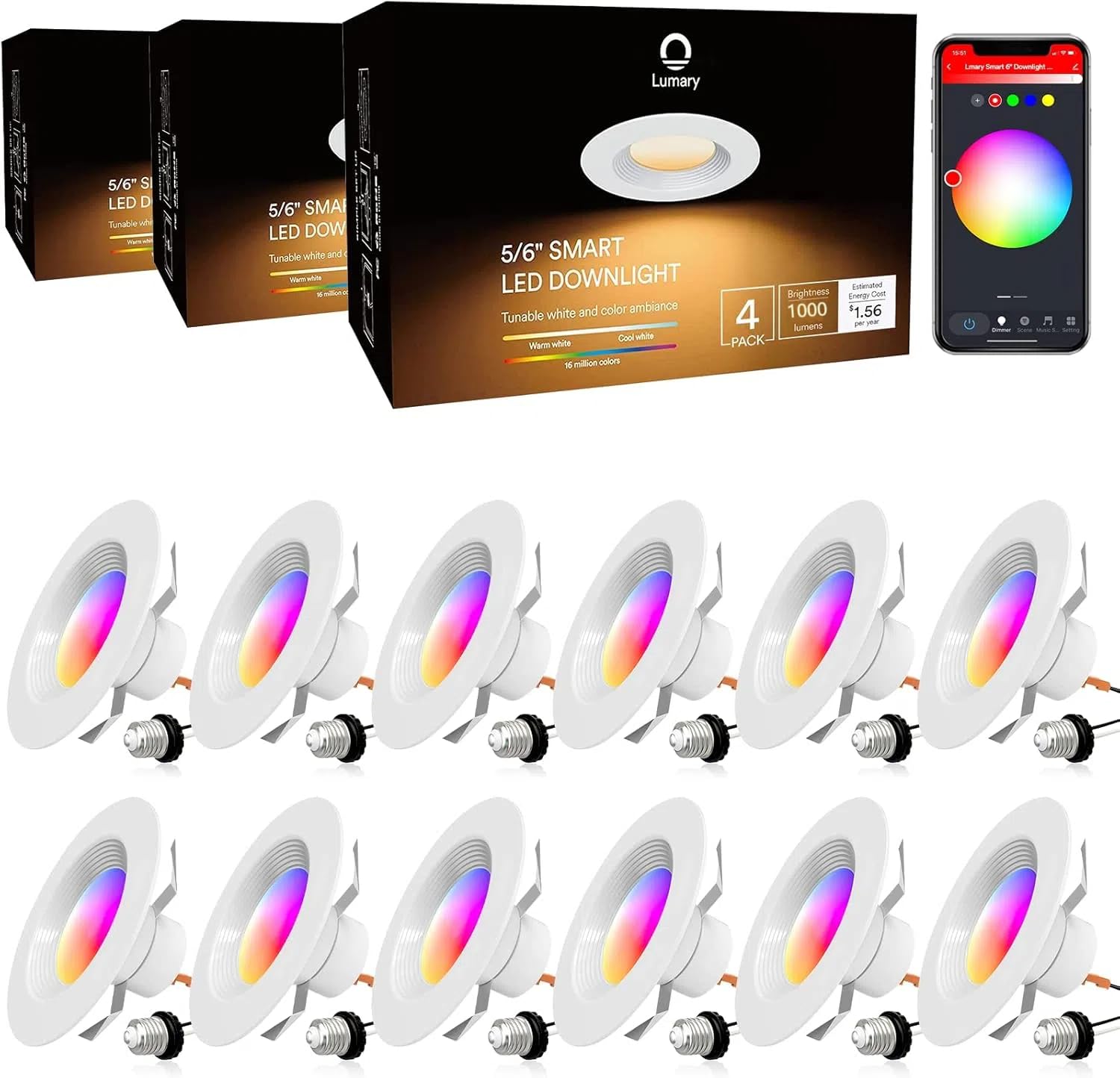 iLintek Lumary 12 Pack Smart Recessed Lighting 5/6 Inch, WiFi Recessed Lights Retrofit RGB Color Changing Can Lights, 13W 1000LM Metal Baffle Trim Downlight, Work with Alexa/Google Assistant/Siri