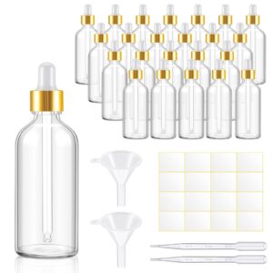 tessco 20 pack dropper bottles 3.4 oz empty glass bottles with dropper top cap, 4 plastic eye droppers measured pipettes, 4 funnels, 2 sheets label stickers for oils perfume(amber)