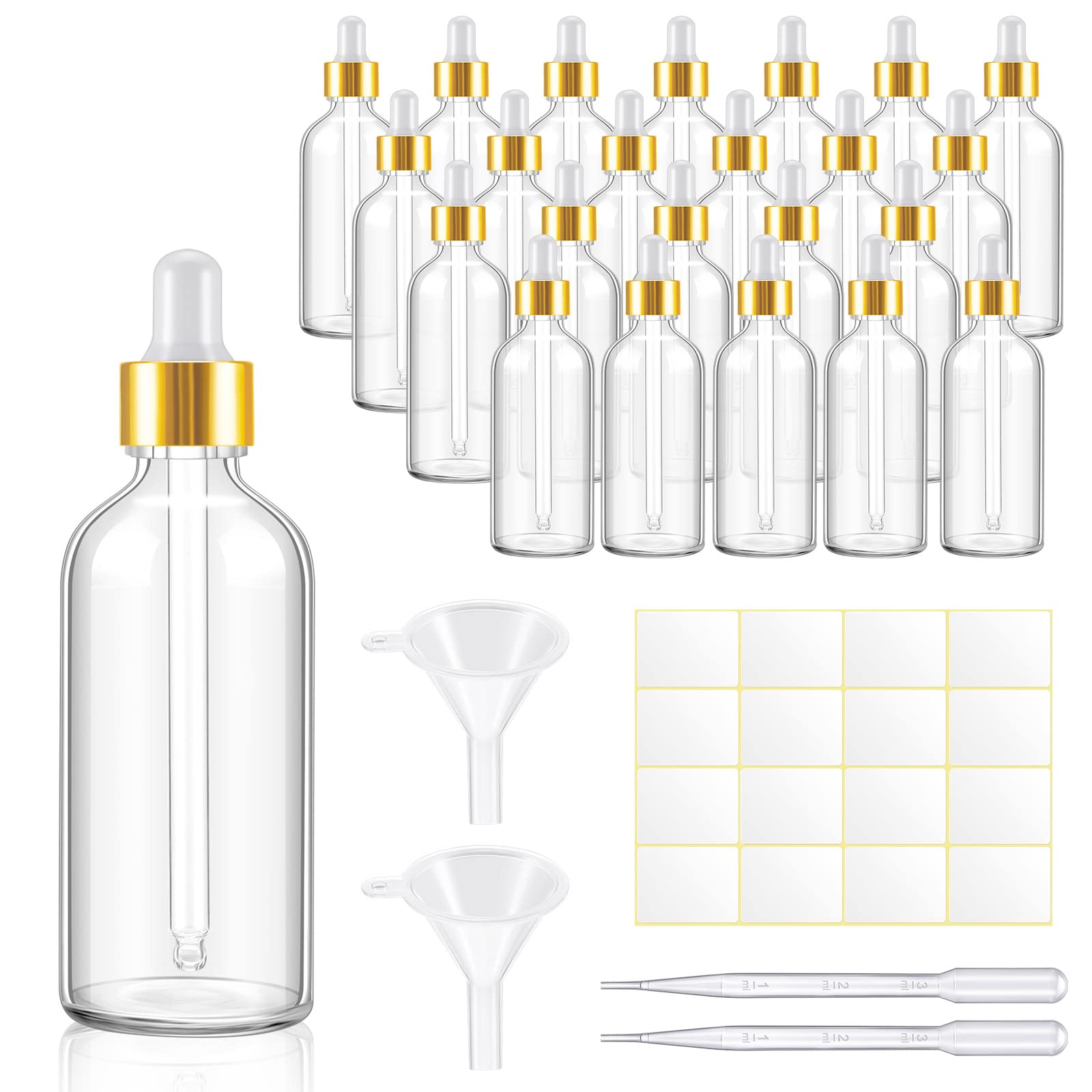 Tessco 20 Pack Dropper Bottles 3.4 oz Empty Glass Bottles with Dropper Top Cap, 4 Plastic Eye Droppers Measured Pipettes, 4 Funnels, 2 Sheets Label Stickers for Oils Perfume(Amber)