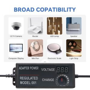 HZHFCB 3V-24V 3A 72W Power Supply Adjustable DC from 3V to 24V Variable Universal Continuous AC/DC Adapter 100V-240V AC to DC Converter with 8 Tips.