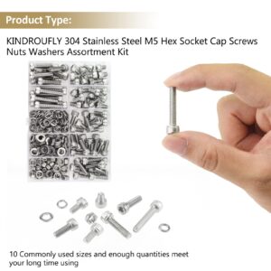 Kindroufly 242 Pieces M5 x 6/8 /10/12 /16/20 /25mm Hex Socket Head Cap Screws Nuts Washers Assortment Kit, 304 Stainless Steel, Fully Machine Thread