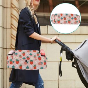 Pink Strawberries Flowers Stroller Organizer with Cup Holder Universal Stroller Organizer Bag Detachable Shoulder Strap Stroller Accessories for Diaper Snacks Toys Keys Fit All Baby Stroller