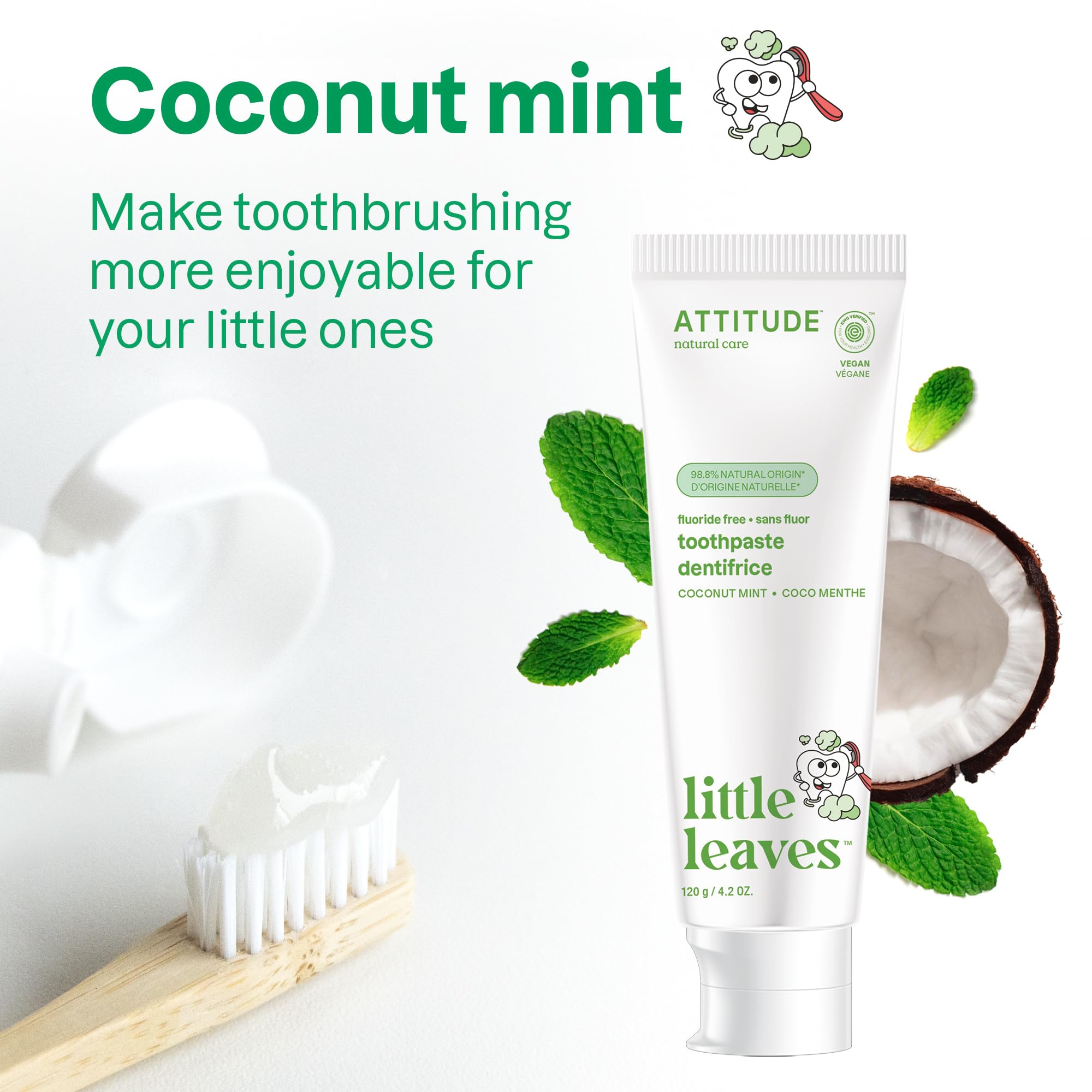 ATTITUDE Fluoride-Free Toothpaste, Plant- and Mineral-Based Ingredients, Vegan, Cruelty-Free and Sugar-Free, Coconut and Mint 4.2 Oz