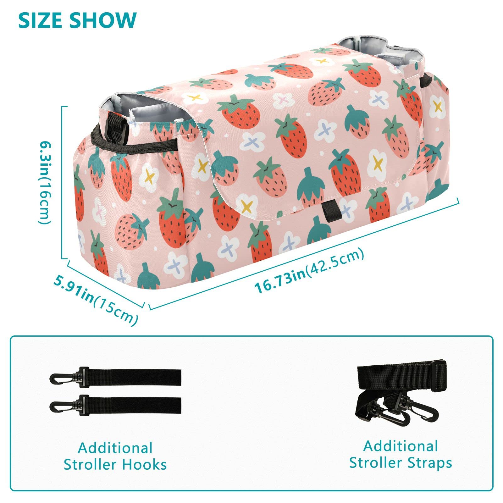 Pink Strawberries Flowers Stroller Organizer with Cup Holder Universal Stroller Organizer Bag Detachable Shoulder Strap Stroller Accessories for Diaper Snacks Toys Keys Fit All Baby Stroller