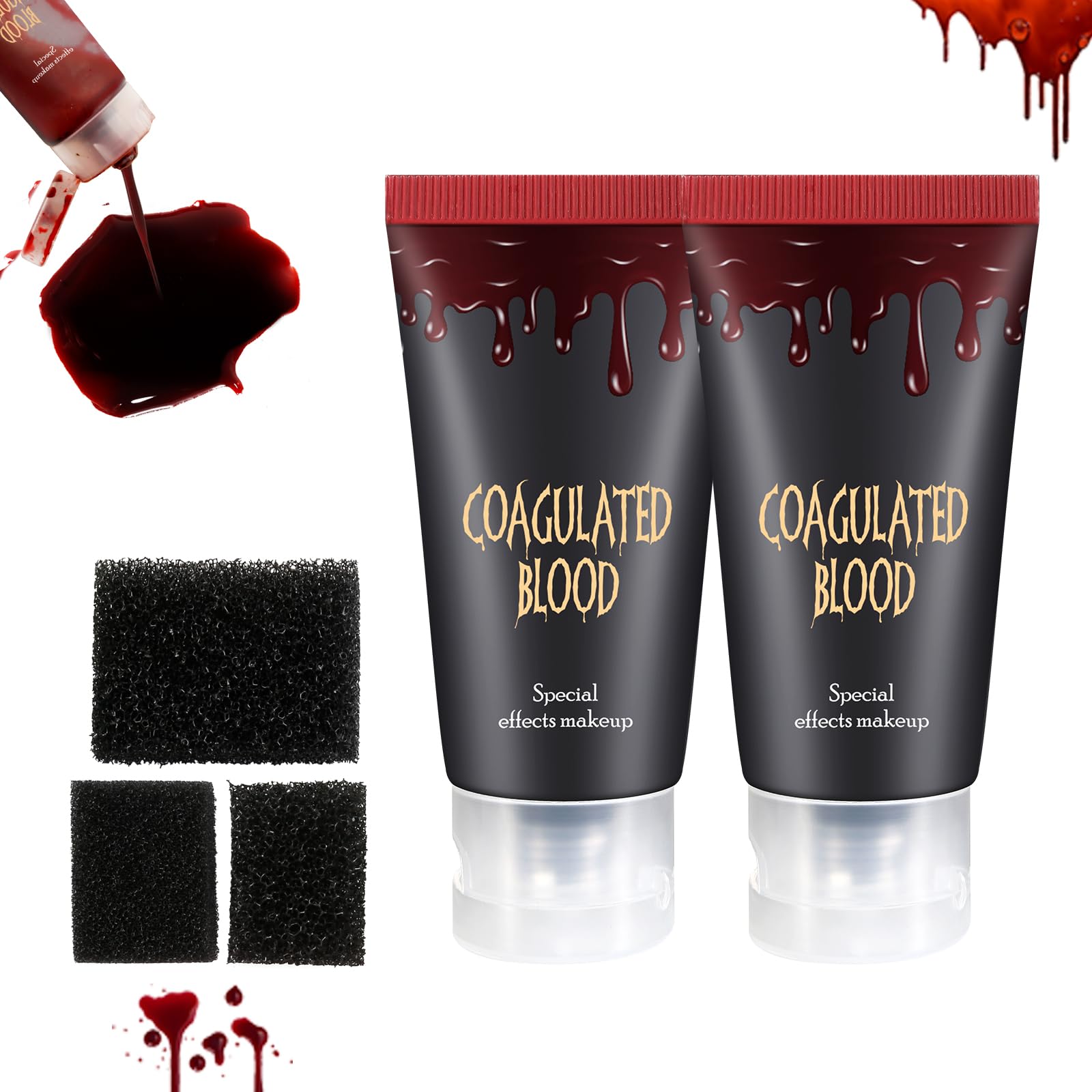 DE'LANCI Fake Blood Liquid, 2 Pcs Fake Blood Washable + 3 Pcs Sponge, Realistic Blood Edible Halloween Makeup on the Face/Mouth/Body, Prefect Adult Kids Cosplay Stage Blood - 60g(2.12 oz)