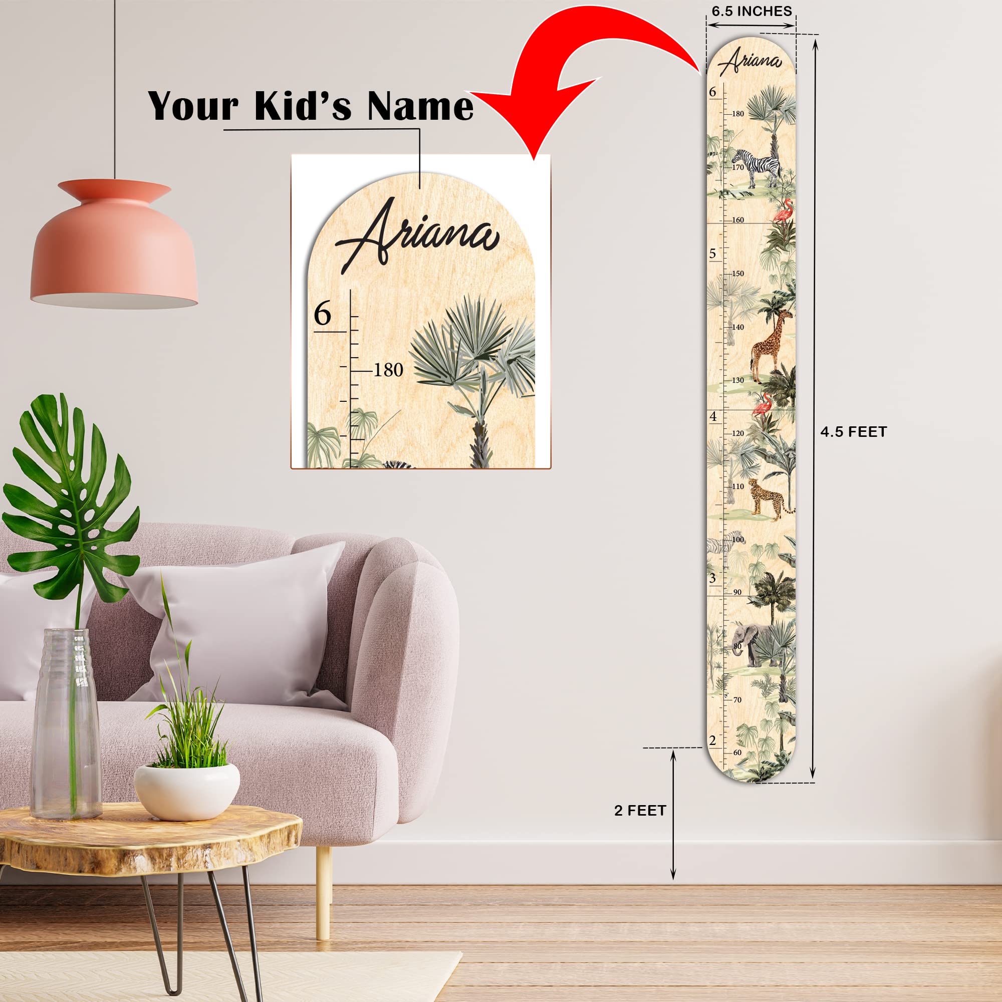 Personalized Wooden Growth Chart for Kids, Boys & Girls | Custom Height Measurement Wall Chart Ruler | Kids Bedroom, Playroom, Living Room, Nursery Decor (Jungle, Natural)