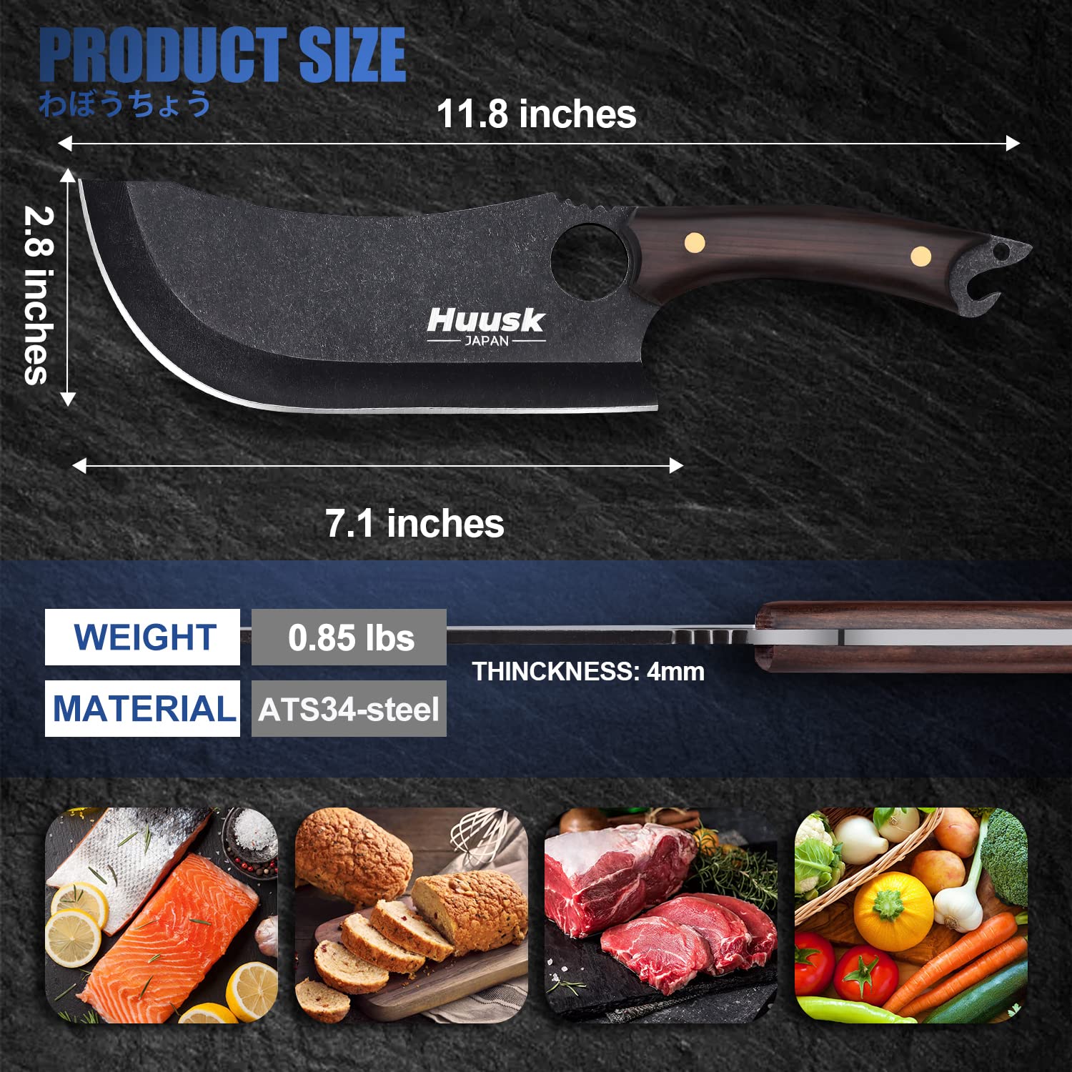 Huusk Meat Cleaver, Black Meat Cleaver Bundle with Outdoor Cooking Knife with Sheath Camping Knives BBQ Knife set