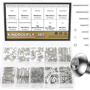 kindroufly 562 pieces m2 x 4/6 /8/10 /12/16 /20mm button head socket cap screws nuts washers assortment kit, 304 stainless steel, fully machine thread