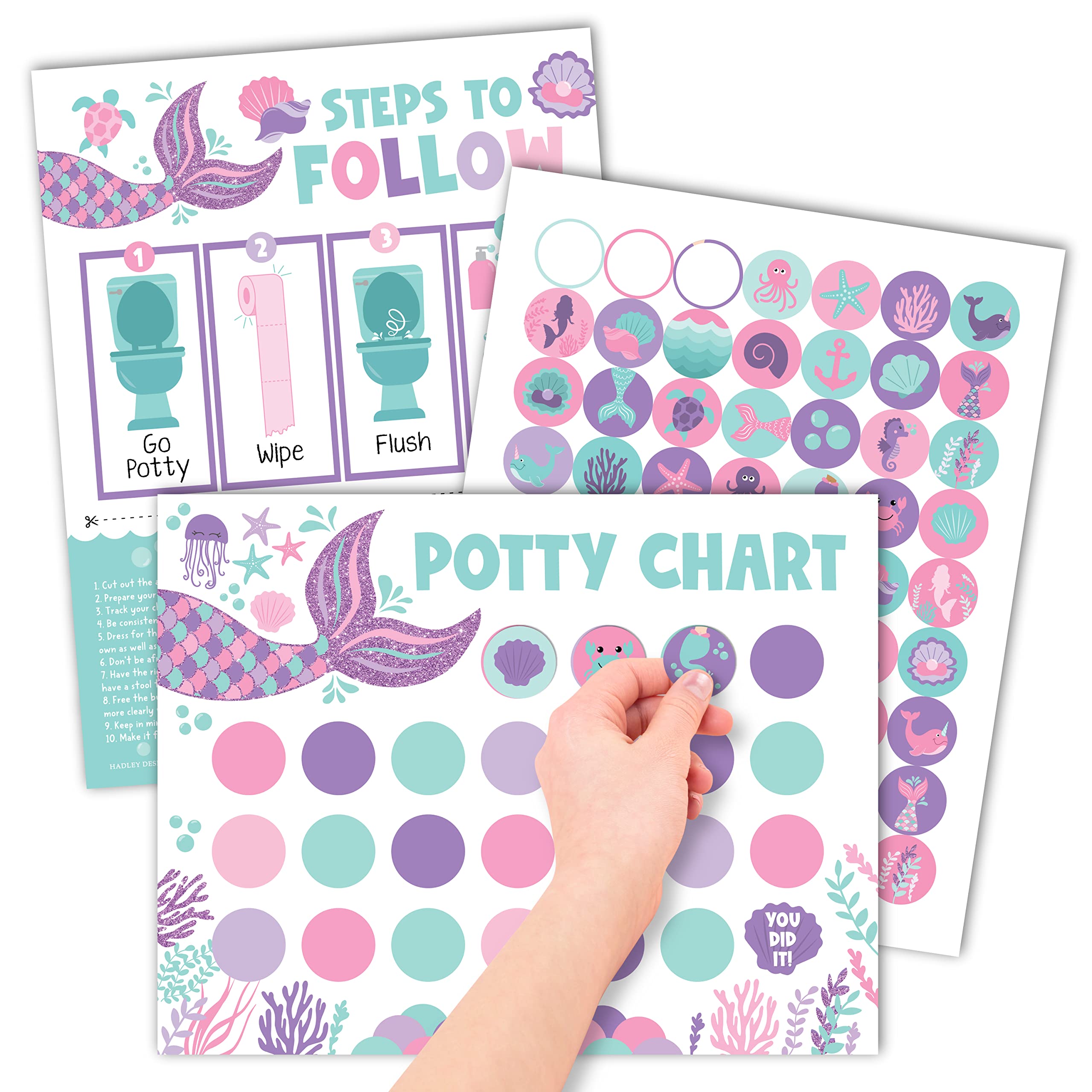 Hadley Designs Mermaid Potty Training Chart for Toddler Girls - Potty Training Sticker Chart for Girls Potty with Sticker, Sticker Chart for Kids Potty Training Reward Chart, Kids Reward Chart