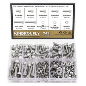 Kindroufly 242 Pieces M5 x 6/8 /10/12 /16/20 /25mm Hex Socket Head Cap Screws Nuts Washers Assortment Kit, 304 Stainless Steel, Fully Machine Thread