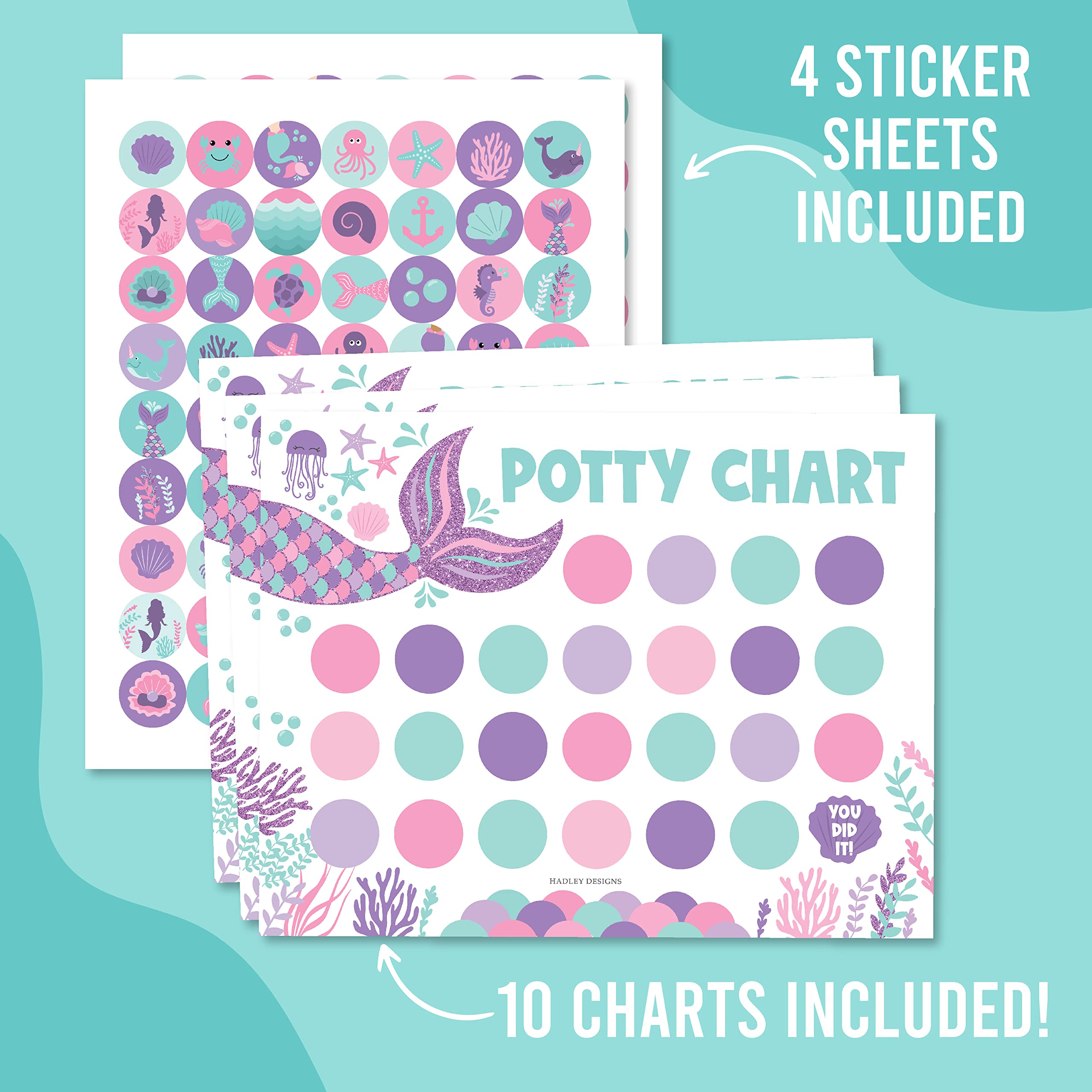 Hadley Designs Mermaid Potty Training Chart for Toddler Girls - Potty Training Sticker Chart for Girls Potty with Sticker, Sticker Chart for Kids Potty Training Reward Chart, Kids Reward Chart