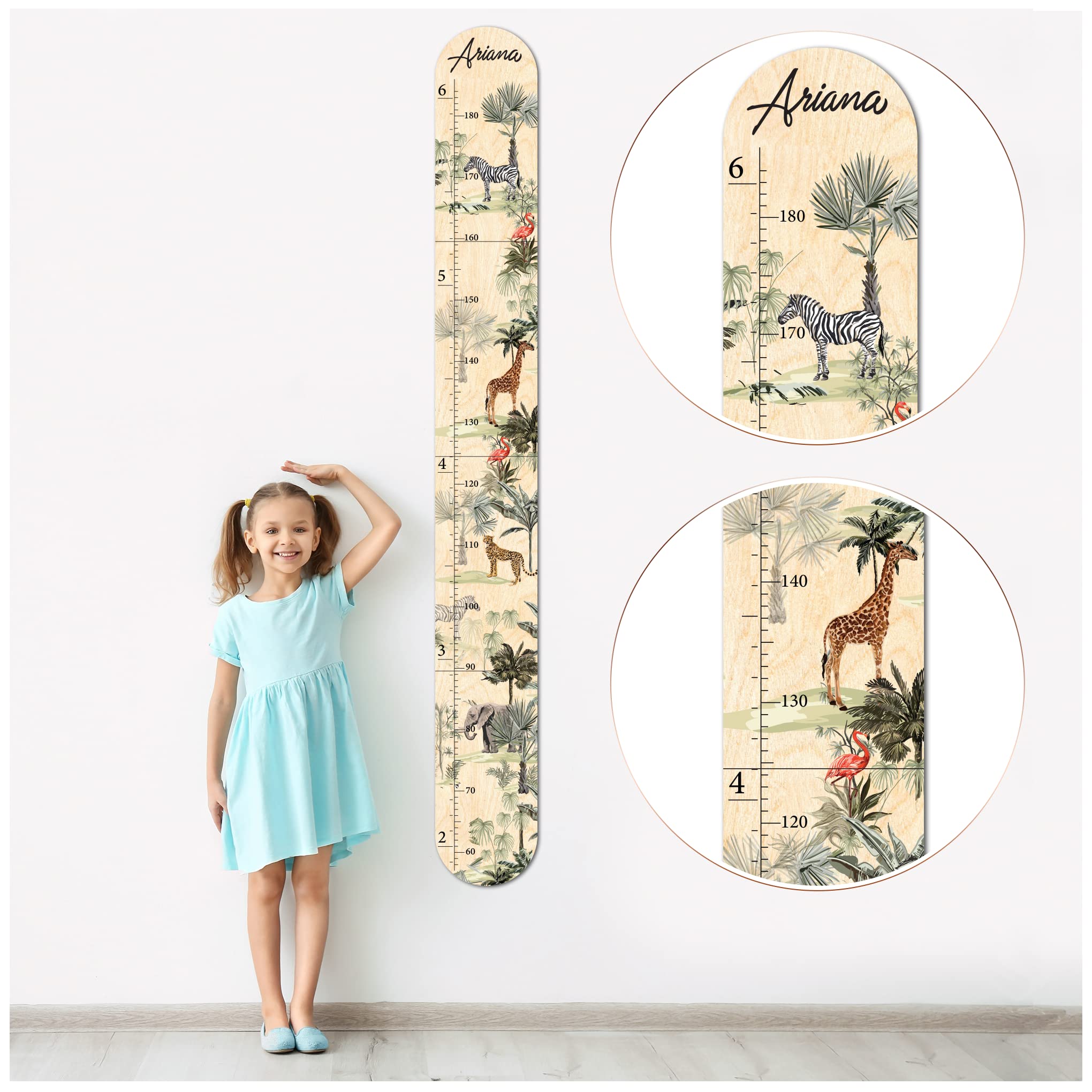 Personalized Wooden Growth Chart for Kids, Boys & Girls | Custom Height Measurement Wall Chart Ruler | Kids Bedroom, Playroom, Living Room, Nursery Decor (Jungle, Natural)