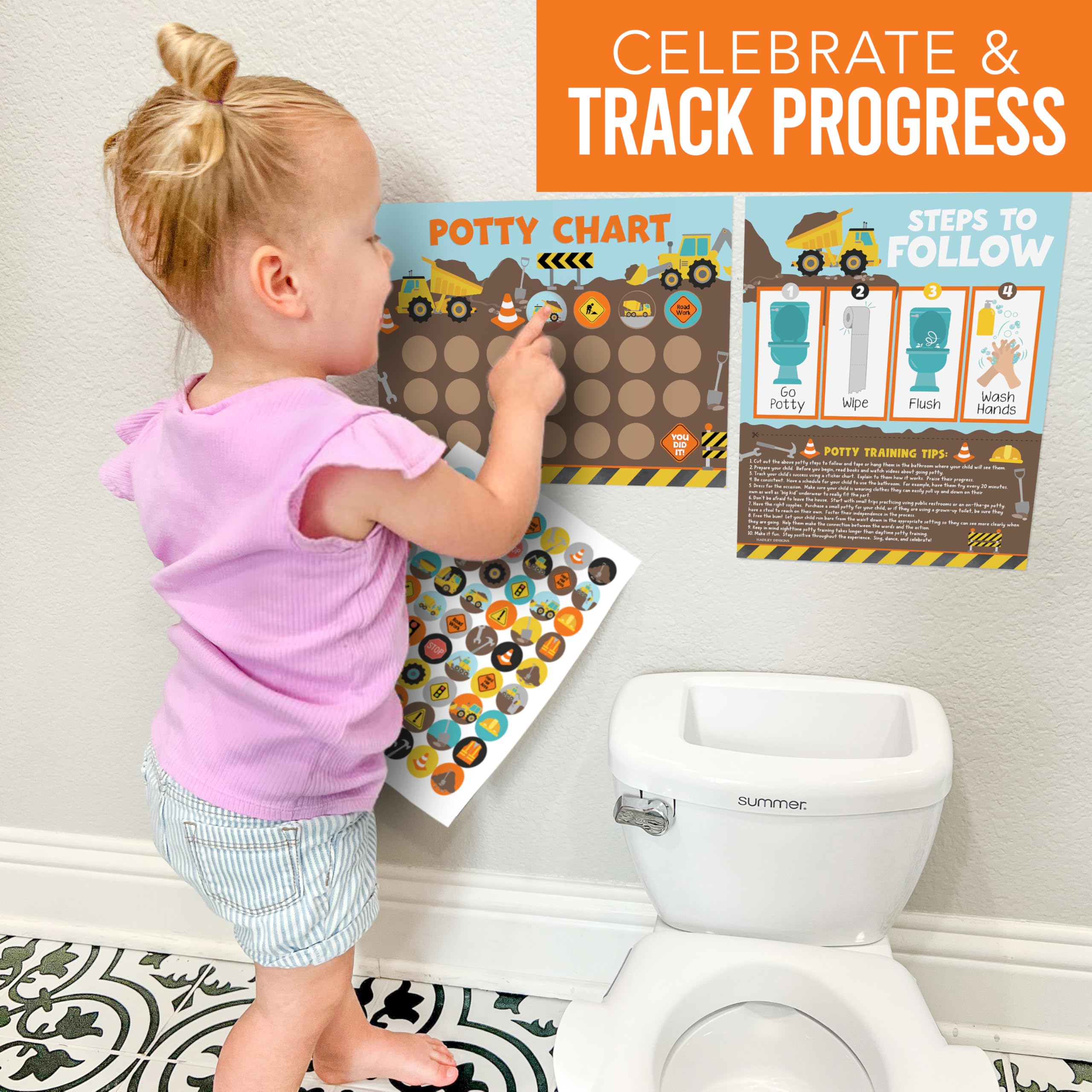 Hadley Designs Construction Potty Training Chart for Toddlers Boys - Potty Chart for Boys with Stickers, Kids Potty Training Chart for Toddlers Boys, Potty Sticker Chart for Toddlers Boy