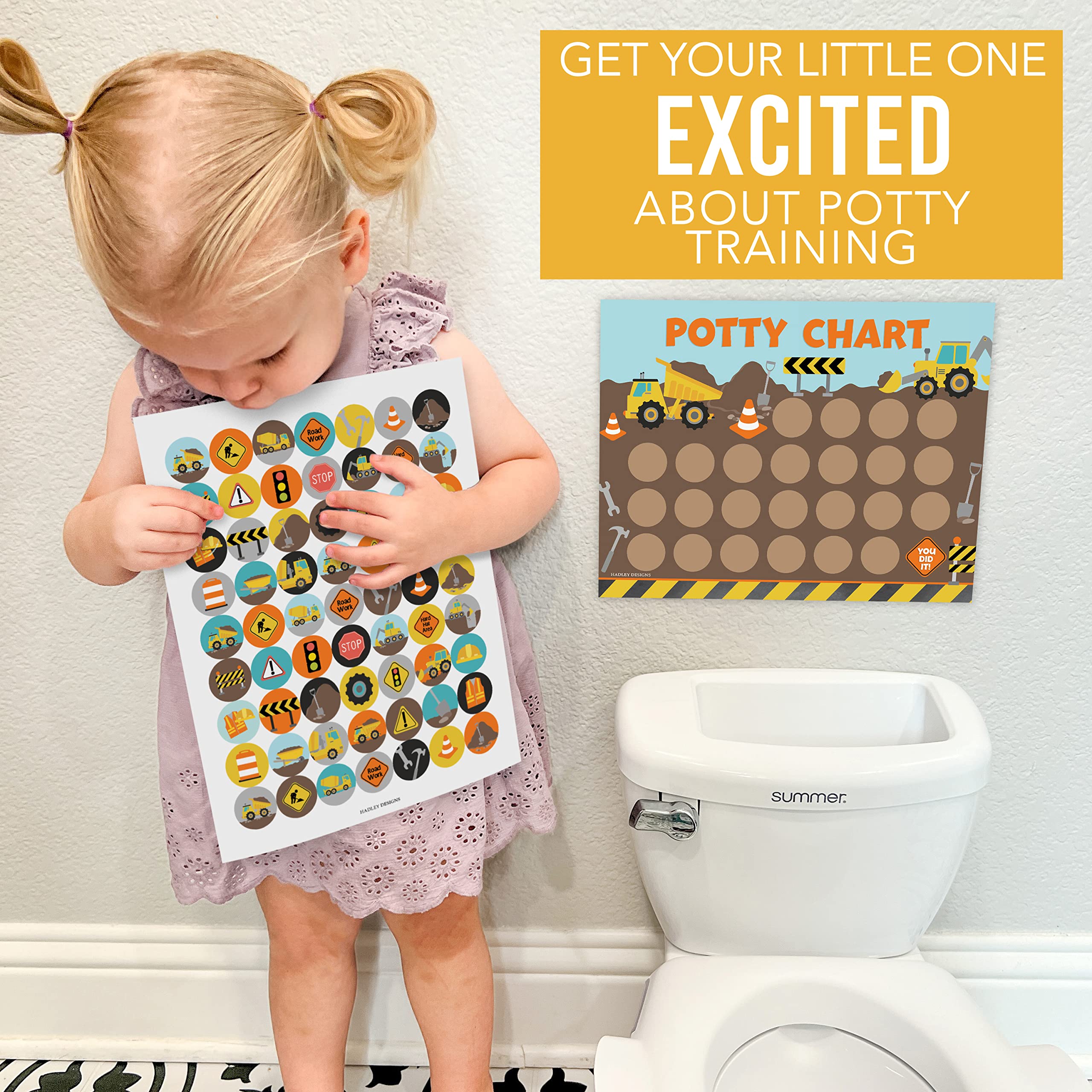 Hadley Designs Construction Potty Training Chart for Toddlers Boys - Potty Chart for Boys with Stickers, Kids Potty Training Chart for Toddlers Boys, Potty Sticker Chart for Toddlers Boy