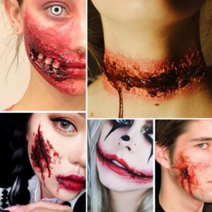 Fake Blood Spray Splatter + Fake Scabs Coagulated Blood Gel + Stipple Sponge, Washable Fake Blood for Clothes Eyes Face Skin, Fake Blood Makeup Kit for Halloween Vampire, Zombie and Sfx Wound