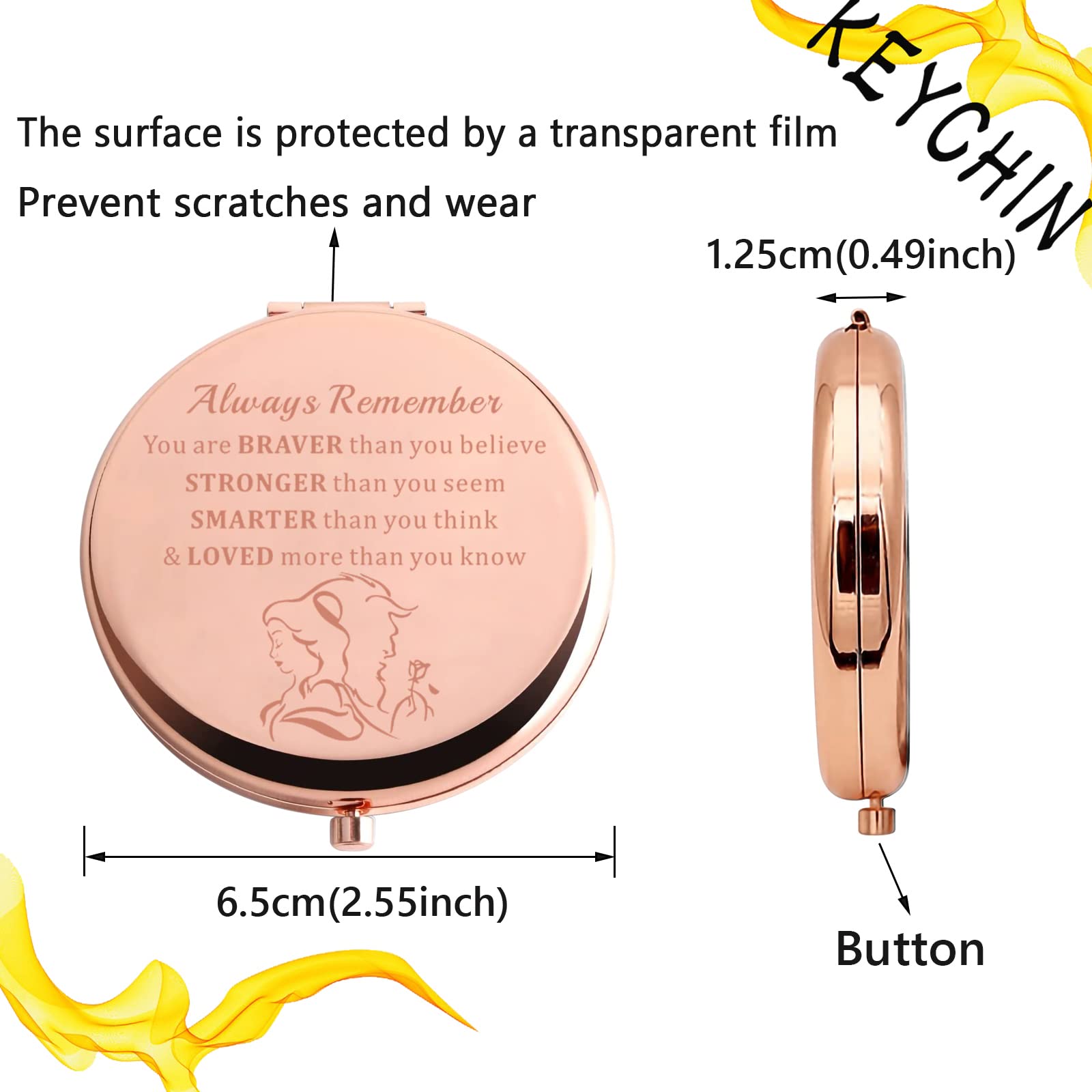 KEYCHIN Beauty Fairy Movie Pocket Mirror Princess Fans Gifts Always Remember You are Braver Stronger Smarter Than You Think Compact Mirror for Women Girls Teenagers (Beauty Mirror-RG)