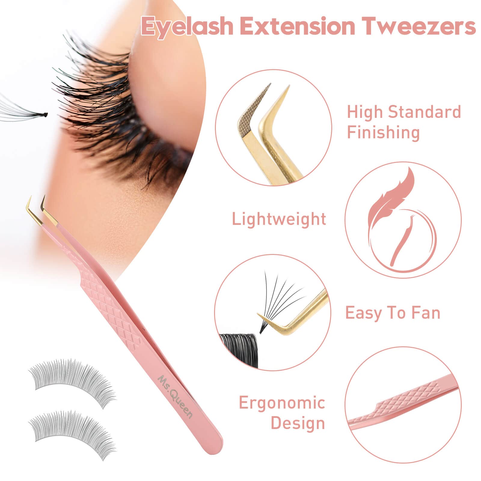 Ms.Queen Lash Extension Tweezers,Diamond Grip 90 Degree False Lashes Tweezers 3D 6D Mink Eyelash Make Fans