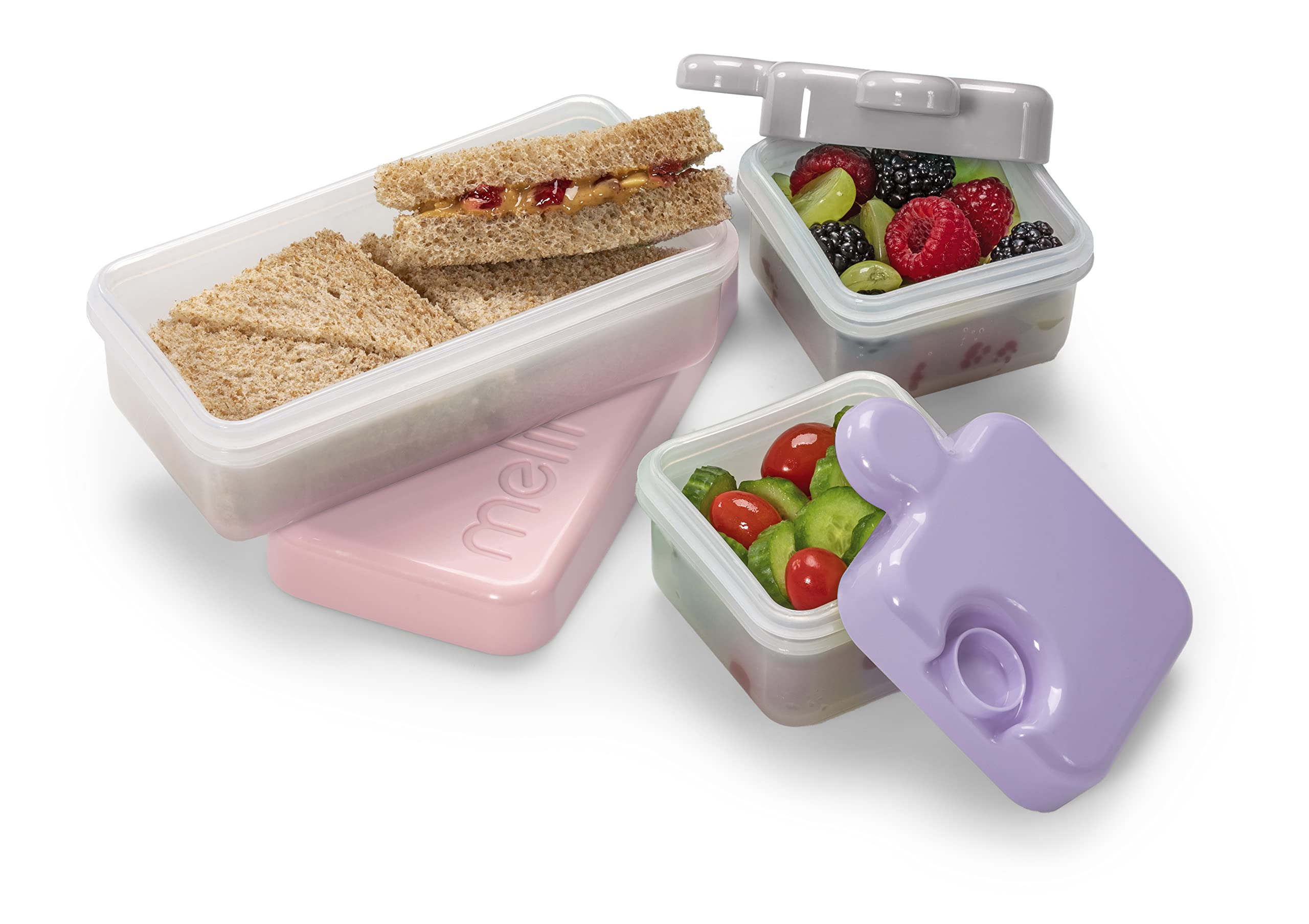 melii Puzzle Bento Box Food Storage Container, 3 Compartments, 28.6 Ounce (Pink, Purple & Grey)