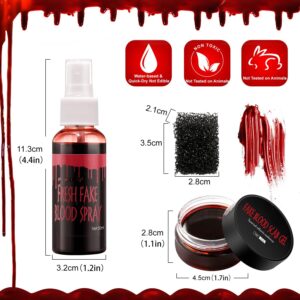 Fake Blood Spray Splatter + Fake Scabs Coagulated Blood Gel + Stipple Sponge, Washable Fake Blood for Clothes Eyes Face Skin, Fake Blood Makeup Kit for Halloween Vampire, Zombie and Sfx Wound